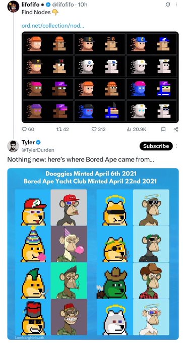 A social media post by 'lilofiffo' and a reply by 'Tyler @TylerDurden' compare pixel art NFTs, with text reading 'Dooggies Minted April 6th 2021 Bored Ape Yacht Club Minted April 22nd 2021'.