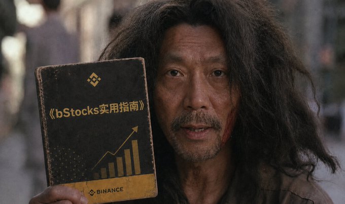 A man with long disheveled hair holds up a Binance guidebook titled '《bStocks实用指南》' featuring an upward trending chart graphic and the Binance logo.