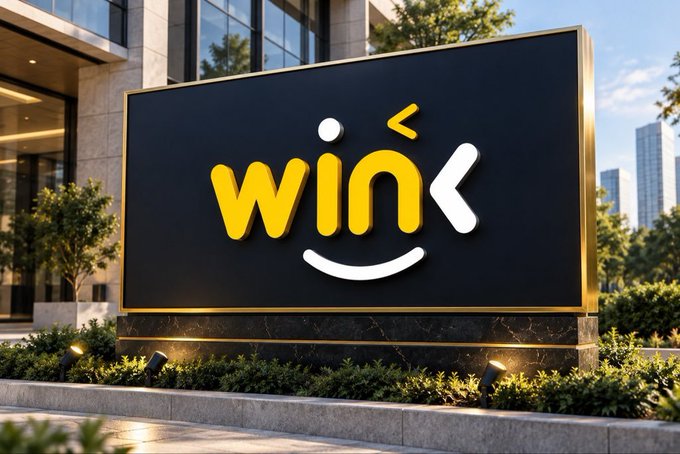 An outdoor billboard displays a yellow and white 'wink' logo featuring a smiling face, set against a modern building and city skyline.