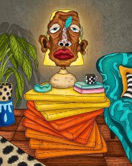 A colorful illustration of a tribal-style mask with large round eyes sitting on a stack of books, accompanied by a potted plant and a teal sofa with patterned cushions.