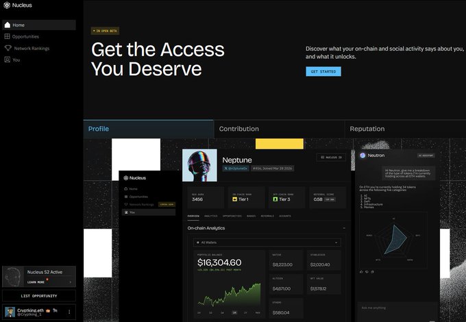 A screenshot of the updated Nucleus dashboard showing a profile for user "Neptune" with analytics displaying a portfolio balance of $16,304.60, alongside portfolio metrics including G8,223.00, $8,225.00, $467.00, $5,576.00, and $5,800.04, and a "Reputation" section for "Neuron" featuring a radar chart, reflecting the site's new opportunity dashboard and Network rankings features mentioned in the post.