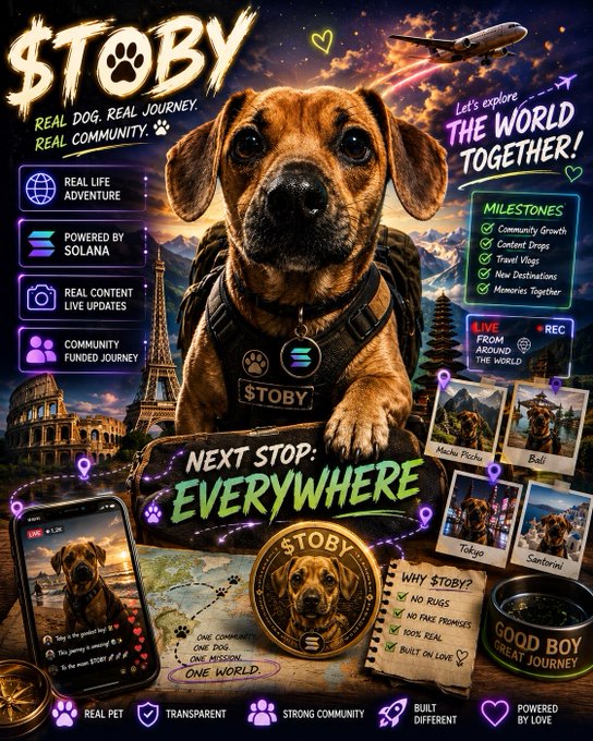 A promotional poster for '$TOBY' featuring a dog wearing a harness, advertising a real travel journey powered by Solana with destinations like Machu Picchu, Bali, Tokyo, and Santorini.