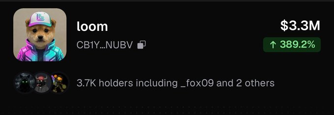 A crypto token listing for 'loom' with ticker CBIY...NUBV showing a $3.3M market cap and a 389.2% increase, with 3.7K holders including _fox09.
