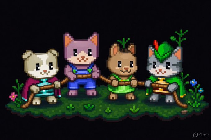 Pixel art showing four cute cartoon cats standing in a row on grass holding a rope or branch, signed 'Grok' in the corner.