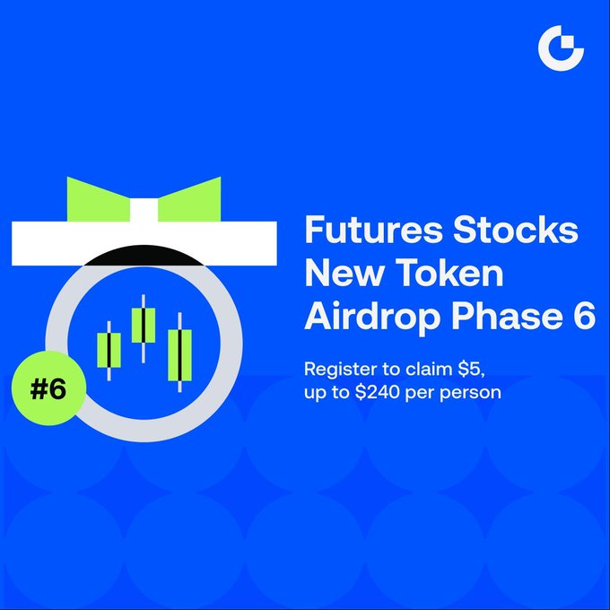 Promotional graphic for Gate.io's "Futures Stocks New Token Airdrop Phase 6" featuring a gift box icon with candlestick chart, advertising rewards from $5 up to $240 per person for trading tokens like $STRC, $TSEM, $AAL, $AMKR, $PDD, $ASX, $MVLL, $FLEX, and $APD in a 50,000 USDT prize pool event.