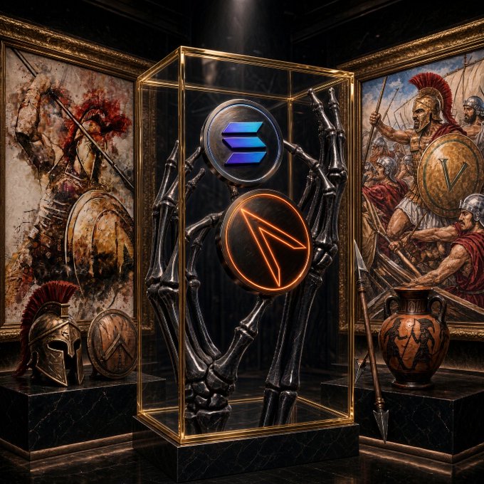 A digital artwork depicting skeletal hands in a glass display case holding crypto logos (Solana and an orange coin), surrounded by Spartan/Roman warrior paintings, a helmet, shield, spear, and vase.