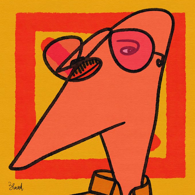 A stylized caricature portrait of a bald man with an elongated pointed face, wearing pink-tinted sunglasses, set against a vibrant orange and yellow geometric background, signed "Blaad" in the lower left. The bold, minimalist linework and warm color palette of the artwork align with the post's announcement of the artist ErnstBlaad's late drop from Fano, Italy.