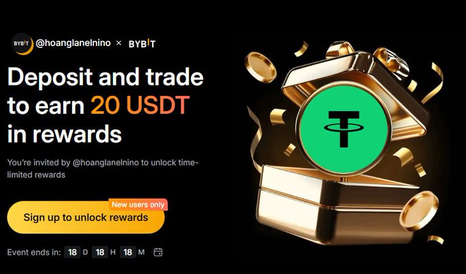 A promotional banner from Bybit featuring a gold treasure chest with the Tether (USDT) logo, offering new users a 20 USDT reward for depositing and trading. The invitation, extended by @hoanglanelnino, includes a "New users only" sign-up button and a countdown timer ending in 18 days, 18 hours, and 18 minutes.