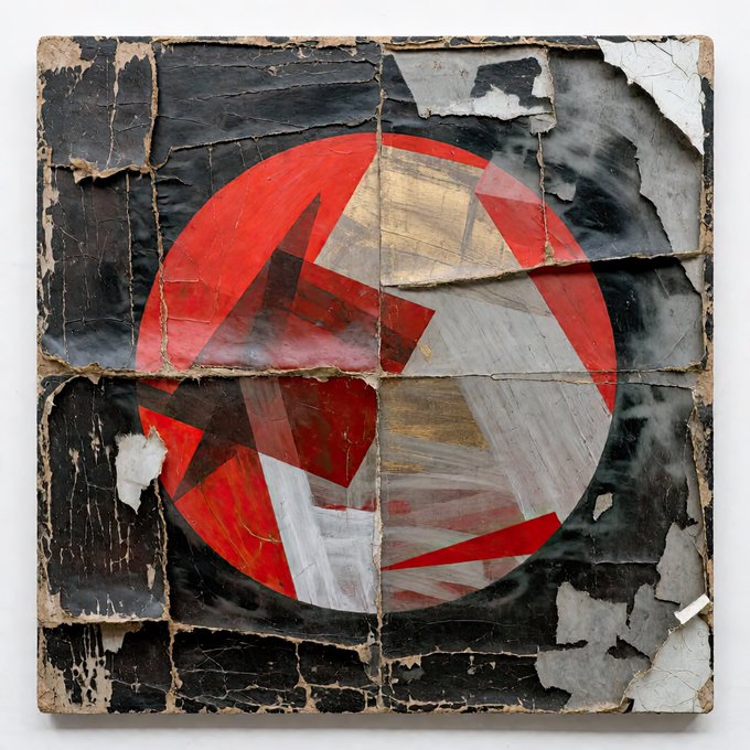 A weathered, square mixed-media artwork by artist Miyako features a distressed black and red palette with a fragmented circular motif overlaid with abstract geometric brushstrokes in red, white, and tan tones. The piece's decayed, layered cardboard texture complements the referenced "verse_works" collaboration, suggesting the artwork itself may be one of the collectible works available on the Verse platform.
