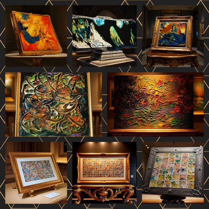 A collage of nine framed artworks in ornate gold frames, featuring abstract paintings with thick impasto textures and colorful, textured patterns displayed on stands and pedestals.