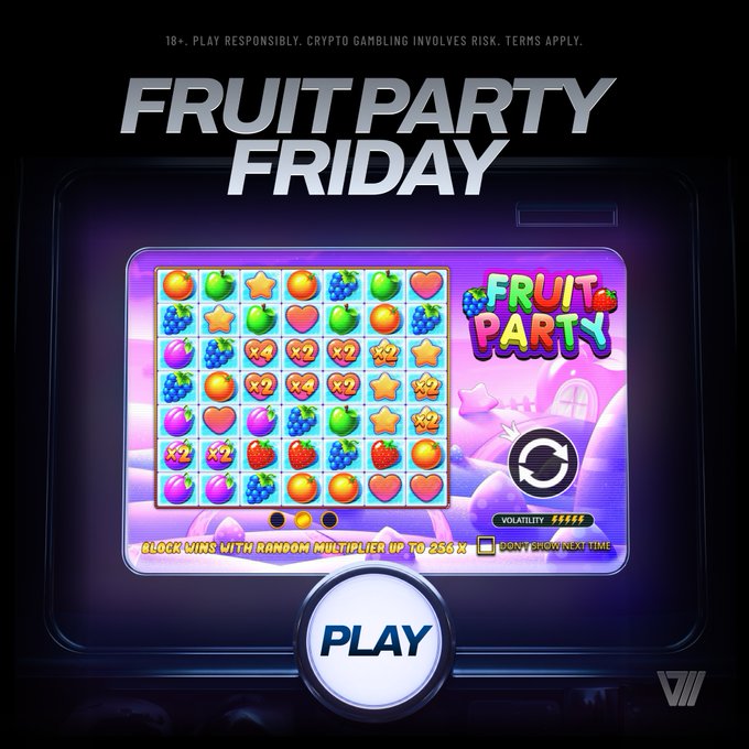 A promotional graphic for a crypto slot game titled 'FRUIT PARTY FRIDAY', showing a slot machine interface with various fruits and a 'PLAY' button, along with the warning 'PLAY RESPONSIBLY. CRYPTO GAMBLING INVOLVES RISK.'