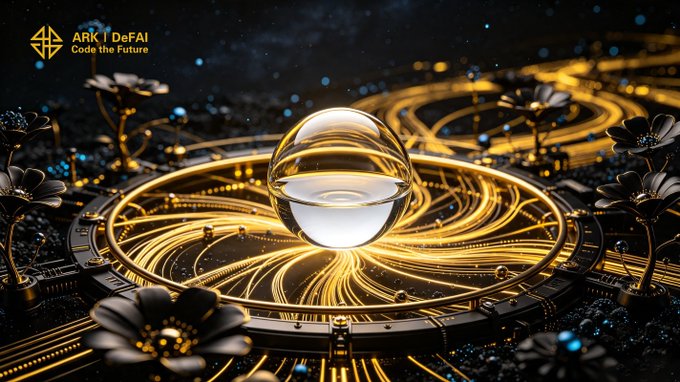 A stylized digital artwork for 'ARK | DeFAI - Code of the Future' featuring a glowing glass sphere surrounded by golden circuits and black floral designs against a starry background.