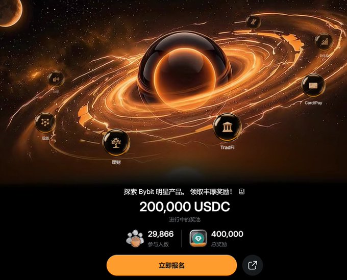The image is a promotional banner for a Bybit crypto trading event, featuring a cosmic black hole design with orange swirls and icons for various services (Spot, TradFi, Card/Pay). It advertises a 200,000 USDC prize pool, with 29,866 participants and a 400,000 total reward, accompanied by a Chinese "立即报名" (Register Now) button.

This aligns with the post's mention of the "Bybit Galaxy" game, illustrating how traders can engage with Bybit's platform activities to maximize value while waiting for market opportunities.