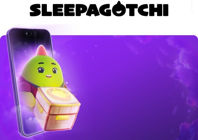 A promotional graphic featuring a green and pink dragon-like character peeking out of a phone screen against a purple cloudy background, with the bold black text "SLEEPAGOTCHI" at the top.