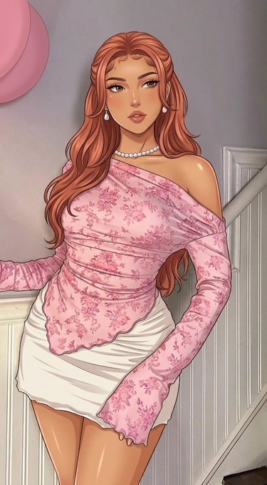 A stylized illustration of a young woman with long wavy red hair, wearing a pink off-the-shoulder floral top, white mini skirt, pearl necklace, and pearl earrings, posed on a staircase with a pink balloon visible in the upper left.