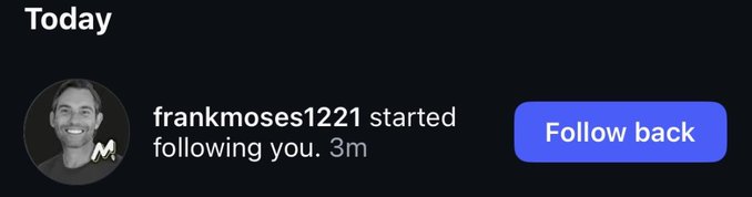 A social media notification showing user 'frankmoses1221' started following you 3 minutes ago, with a "Follow back" button visible.