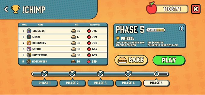 A screenshot of a game leaderboard titled '!CHIMP' at Phase 5, showing player rankings including OZOLYS (776) and SIRSKI (769), with a reward pool of 11,081,71 and prizes including a Dojo Bundle merch box and Schimpstr Chimpers x Jarritos Pack.
