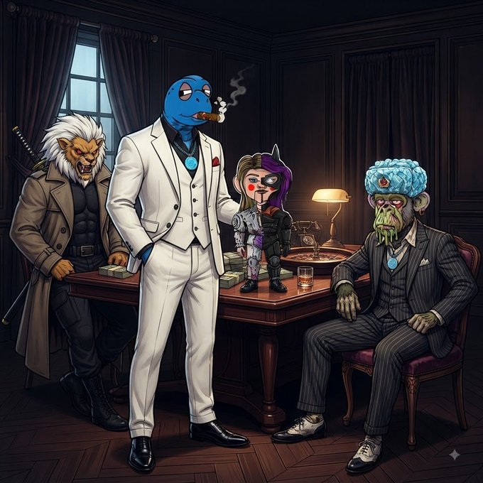 An illustrated scene depicts four humanoid figures gathered around a table with stacks of cash: a blue-skinned man in a white suit smoking a cigar, a lion-like warrior in a trench coat, a small cyborg-like figure, and a green-skinned figure in a pinstripe suit.