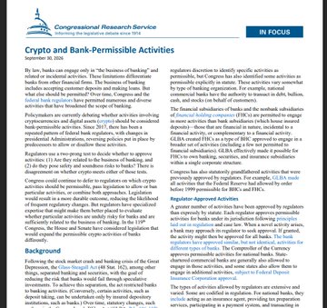 The image shows a Congressional Research Service (CRS) report titled "Crypto and Bank-Permissible Activities," dated September 30, 2024, and marked "IN FOCUS." The visible text discusses regulatory challenges facing banks regarding cryptocurrency and stablecoin activities, referencing the need for the Clarity Act to provide regulatory certainty.