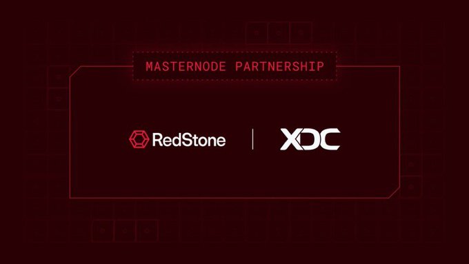 The image features a red background with white text that reads "Masternode Partnership" at the top, followed by "Redstone" and "XDC Network". The text also mentions an important infrastructure piece for tokenized finance, which could be related to Oracle or real-world assets.