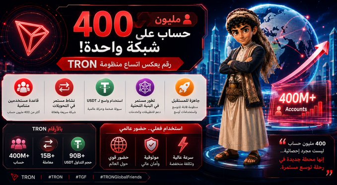 A promotional graphic for TRON cryptocurrency in Arabic, celebrating 400 million accounts on a single network, featuring a cartoon character and statistics including 400M+ accounts, 15B+ transactions, and 90B+ USDT.