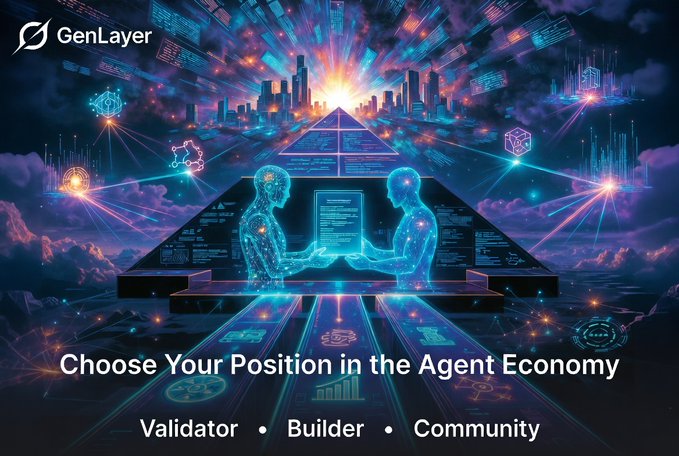 A futuristic digital poster for 'GenLayer' showing two holographic human figures exchanging a document within a glowing pyramid, with the text 'Choose Your Position in the Agent Economy' and options 'Validator • Builder • Community' below.