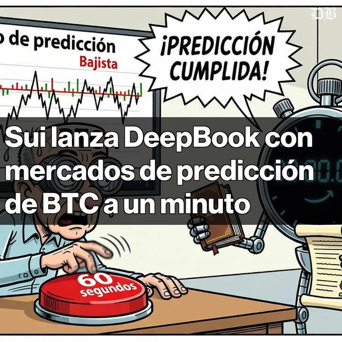 Cartoon illustration showing a person pressing a red '60 segundos' button with a chart in the background, overlaid with text 'Sui lanza DeepBook con mercados de predicción de BTC a un minuto' and a speech bubble reading '¡PREDICCIÓN CUMPLIDA!'.