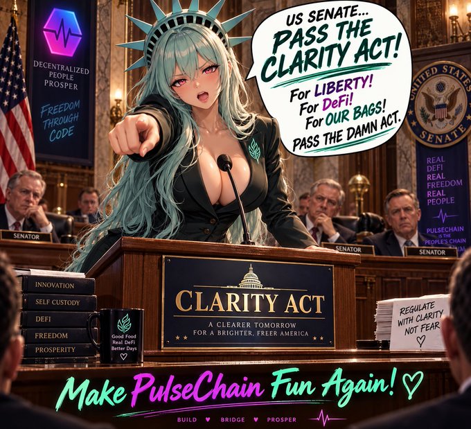 An anime-style illustration depicts a woman wearing a Statue of Liberty crown at a Senate podium with a 'CLARITY ACT' sign. Speech bubbles and text urge 'US SENATE... PASS THE CLARITY ACT! For LIBERTY! For DeFi! For OUR BAGS!' with the tagline 'Make PulseChain Fun Again!'