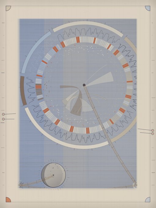A minimalist architectural drawing or diagram features a large circle with intricate wavy patterns and red accents, connected by lines to a smaller sphere on a blue grid background.
