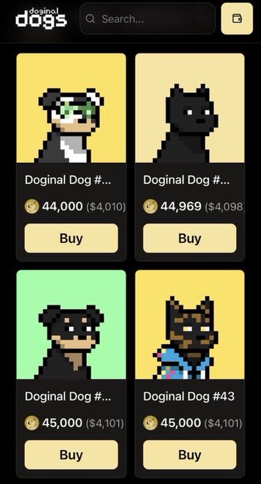 A mobile app interface titled 'doginal dogs' displays a marketplace for pixel-art dog NFTs, showing four listings with prices ranging from 44,000 to 45,000 coins (approximately $4,010-$4,101 USD) along with 'Buy' buttons.