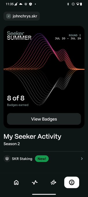A mobile app screenshot for 'johnchrys.skr' shows a 'Seeker SUMMER' activity tracker with 8 of 8 badges earned during Round 2 (JUL 20 - JUL 29).