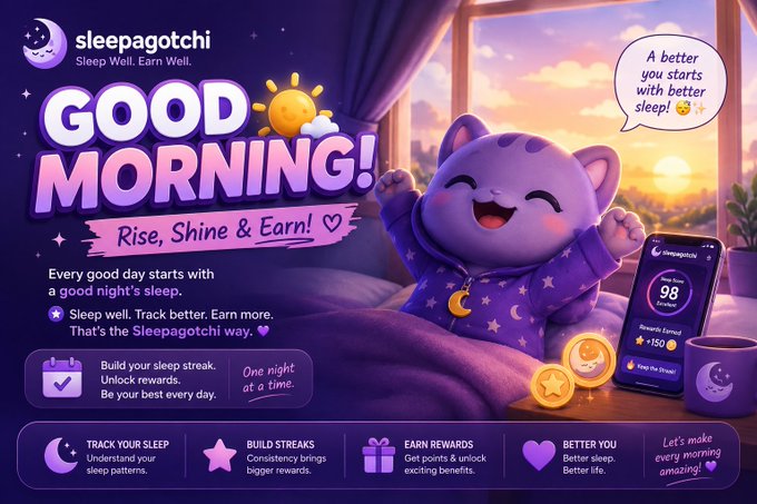 A colorful purple promotional graphic for the 'Sleepagotchi' app featuring a cute purple cat mascot waking up in bed with the text 'GOOD MORNING! Rise, Shine & Earn!' and features like sleep tracking and rewards.