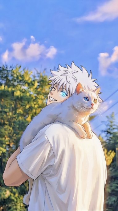 An anime-style illustration of a white-haired character with blue eyes carrying a cream-colored cat on their shoulders, set against a blue sky with fluffy clouds.