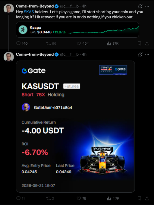 The image shows two tweets from "Come-from-Beyond" mocking $KAS holders by challenging them to a shorting game, followed by a screenshot proving he actually executed a 75X leveraged short on KASUSDT on Gate, resulting in a -4.00 USDT loss (-6.70% ROI) at an entry of 0.04245. The tweets directly contradict the claim that he was liquidated, instead showing he voluntarily took a small loss on his self-imposed challenge, making the "clown" comment about the accuser rather than the Qubic founder.