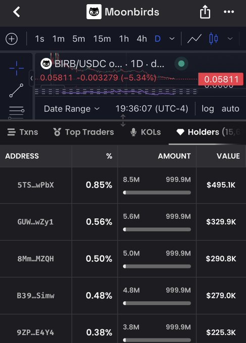 A screenshot of a "Moonbirds" page showing the BIRB/USDC trading pair down 5.34% at $0.05811, with a Holders tab displaying the top holders and their ownership percentages—such as the 5th-largest holder at address "8Mm...MZQH" controlling 0.50% (5.0M tokens, $290.8K)—supporting the post's claim that a 0.5% stake in $BIRB's circulating supply can be acquired for roughly $17,500.