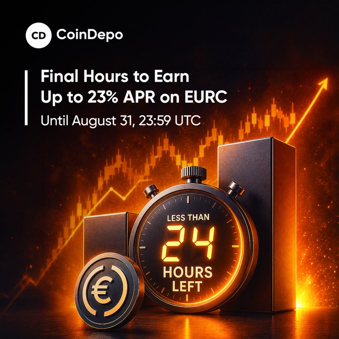 A promotional banner for CoinDepo advertising 'Final Hours to Earn Up to 23% APR on EURC Until August 31, 23:59 UTC' featuring a glowing stopwatch showing 'LESS THAN 24 HOURS LEFT'.
