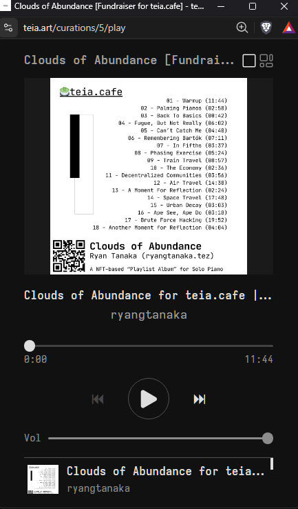A music player interface on teia.art/curations/5/play displays 'Clouds of Abundance' by Ryan Tanaka, an NFT-based playlist album for solo piano with 18 tracks.