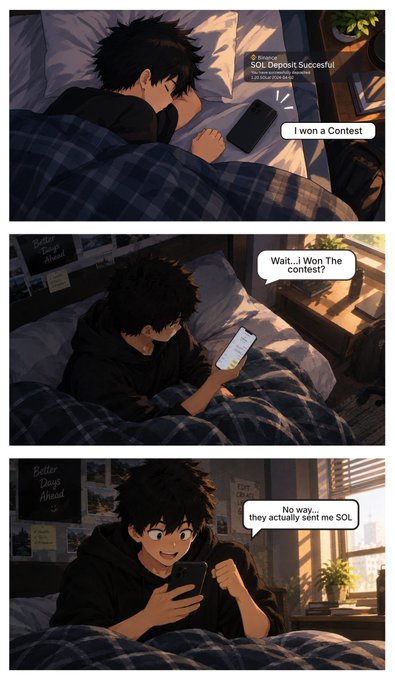 A three-panel anime-style comic shows a dark-haired boy waking up to a phone notification reading 'SOL Deposit Successful,' then sitting up and exclaiming 'I won a Contest' and 'No way... they actually sent me SOL'.