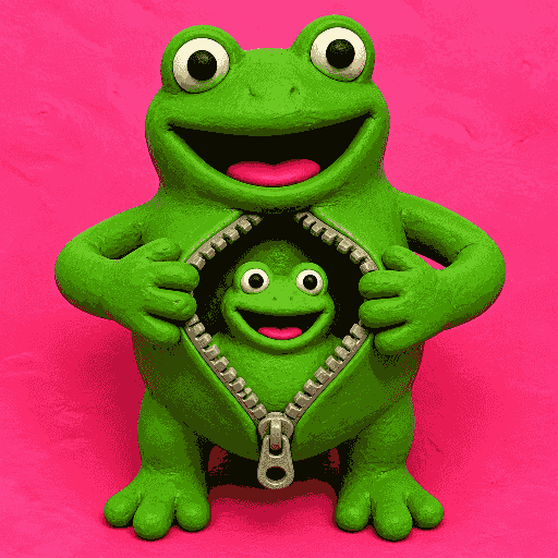 A 3D-rendered green frog character unzips its torso to reveal a smaller identical smiling frog inside, set against a bright pink background.