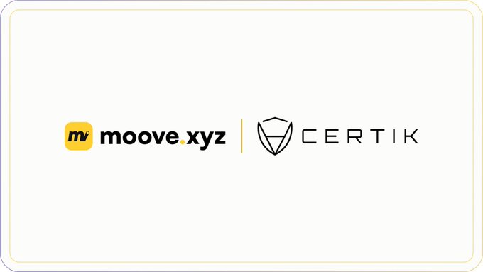 Logo partnership announcement showing 'moove.xyz' and 'CERTIK' branding side by side.