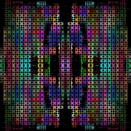 The image features a black background with a repeating pattern of colorful squares, creating an abstract and visually striking design. The squares are arranged in a way that they appear to be mirror images of each other, adding depth and complexity to the overall composition. The colors used range from shades of purple, green, blue, orange, and pink, contributing to the vibrant and lively atmosphere of the image.