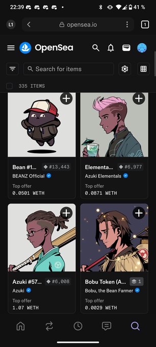 A mobile screenshot of OpenSea (opensea.io) showing 335 NFT items, including 'BEANZ.Official', 'Elementa...' by Azuki Elementals, 'Azuki #57...', and 'Bobu Token' with various WETH top offers.