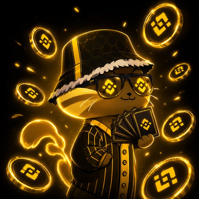 A digital illustration of a stylized cat character wearing a black bucket hat and sunglasses with Binance (BNB) logos, holding BNB-branded cards while surrounded by floating golden BNB coins.