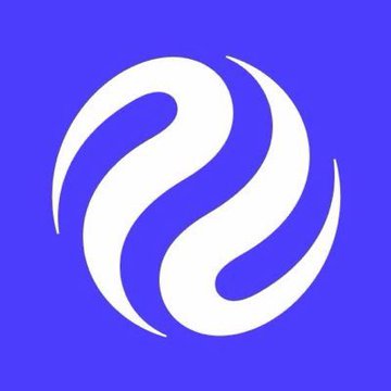 A blue and white logo featuring a stylized, swirling design resembling a flame or droplet.