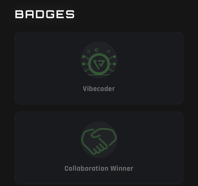 A dark-themed badges screen showing two achievements: a 'Vibecoder' badge with a circuit-style icon and a 'Collaboration Winner' badge with a handshake icon.
