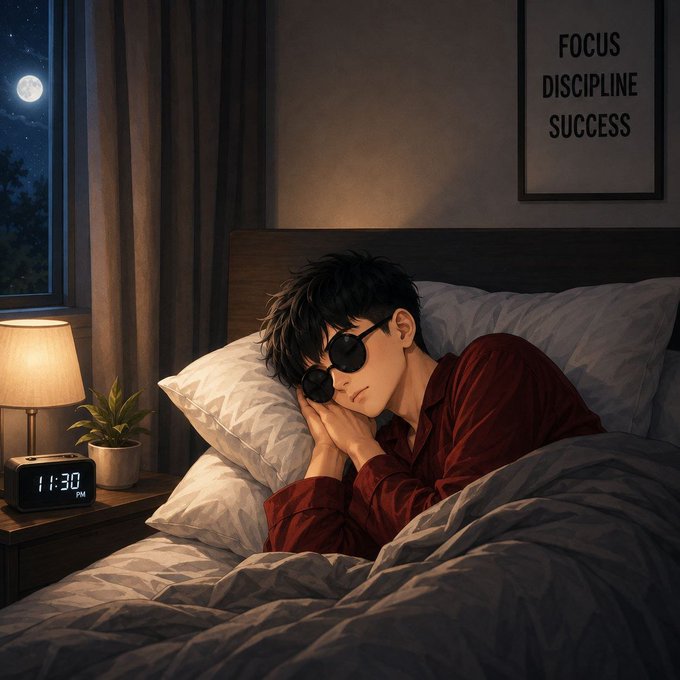 An illustration of a person wearing sunglasses sleeping in bed at night, with an alarm clock showing 11:30, a potted plant, and a framed poster on the wall reading "FOCUS DISCIPLINE SUCCESS".