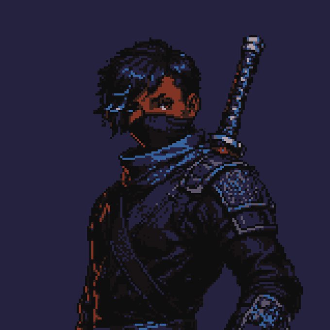 A pixel art character with blue hair and a face mask, wearing dark blue armor with a sword sheathed on their back.