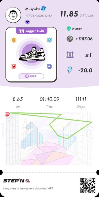 The image shows a purple square with white text that says "stepn" at the top, followed by a list of items including a pair of shoes, a person's name, and a map. The post also includes a code for a free app called "StepN".