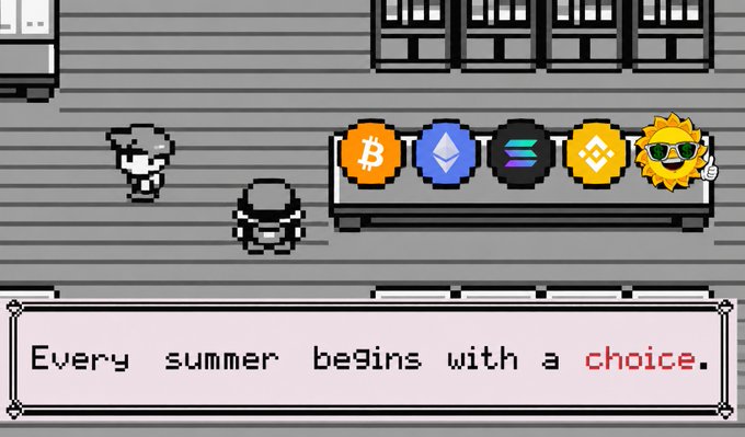 The image features a cartoon character wearing sunglasses, standing next to a bench with four different colored circles on it. Above the bench, there's a sign that says "Every summer begins with a choice", and below the bench, there's another sign that reads "GM Summer Lovers!". The characters are positioned in front of a building, which is also part of the cartoon scene.