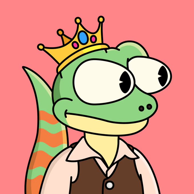 A cartoon illustration of a green frog-like character wearing a golden crown with colorful jewels and a brown vest over a white shirt, set against a solid pink background.